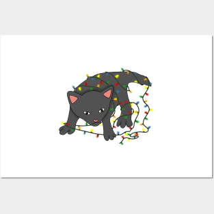 Black cat tangled in christmas lights Posters and Art